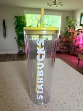 Starbucks 24 oz Clear Cold Cup Yellow Lid Pastel Swirl Straw Tumbler